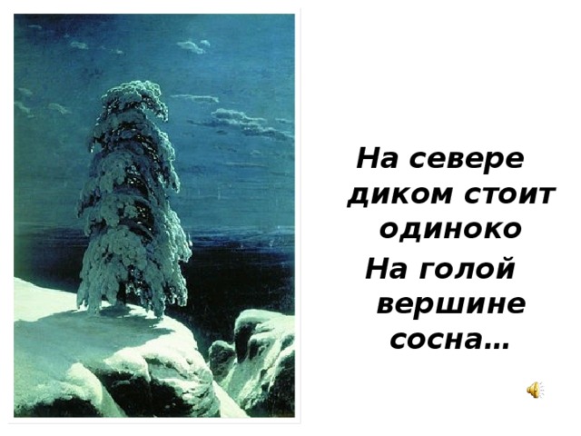 Стихотворение на севере стоит одинокая. На севере диком стоит одиноко сосна. На голой вершине сосна. На голой вершине стоит одиноко сосна. Стоит на голой вершине сосна.