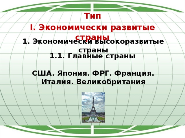 Тип I. Экономически развитые страны 1. Экономически высокоразвитые страны 1.1. Главные страны США. Япония. ФРГ. Франция. Италия. Великобритания 