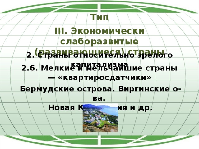 Тип III. Экономически слаборазвитые (развивающиеся) страны 2. Страны относительно зрелого капитализма 2.6. Мелкие и мельчайшие страны — «квартиросдатчики» Бермудские острова. Виргинские о-ва. Новая Каледония и др. 