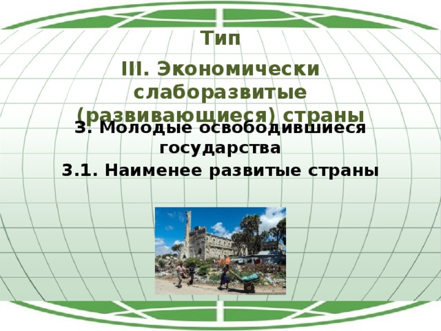 Тип III. Экономически слаборазвитые (развивающиеся) страны З. Молодые освободившиеся государства 3.1. Наименее развитые страны 