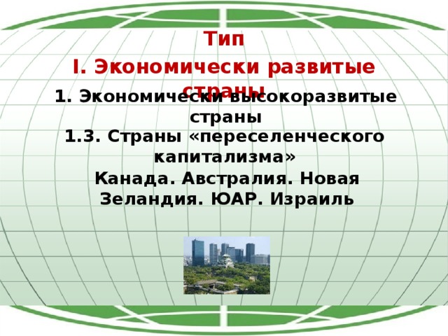 Тип I. Экономически развитые страны 1. Экономически высокоразвитые страны 1.3. Страны «переселенческого капитализма» Канада. Австралия. Новая Зеландия. ЮАР. Израиль 