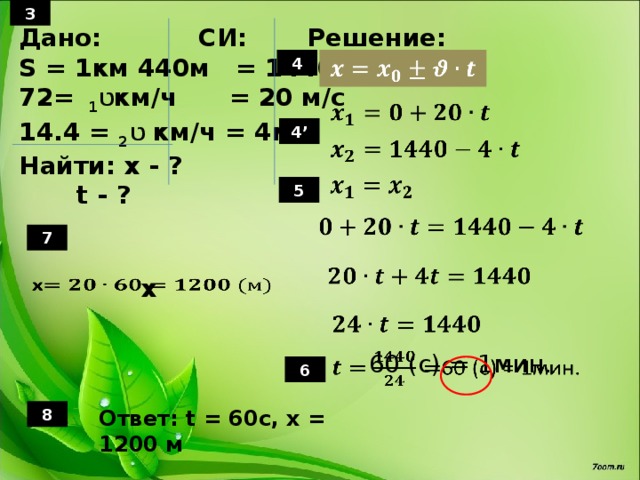 3 Дано:   CИ:   Решение: S = 1км 440м = 1440м  ט 1  = 72 км/ч = 20 м/с ט 2 = 14.4 км/ч = 4м/с Найти: x - ?   t - ?   4   4’     5   7   x     60 (c) = 1мин.   6 8 Ответ: t = 60с, x = 1200 м 