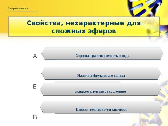 Закрепление Свойства, нехарактерные для сложных эфиров А Б В Г ПРАВИЛЬНО! Хорошая растворимость в воде НЕВЕРНО! Наличие фруктового запаха НЕВЕРНО! Жидкое агрегатное состояние Низкая температура кипения НЕВЕРНО!