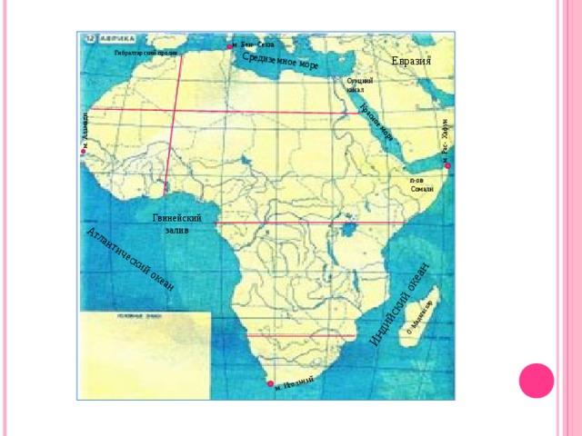 О. Мадагаскар Средиземное море Атлантический океан Красное море Индийский  океан м. Альмади м. Игольный м. Рас- Хафун м. Бен- Секка Гибралтарский пролив Евразия Суэцкий канал п-ов Сомали Гвинейский залив 