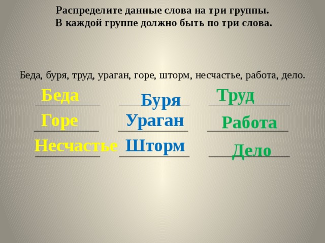 Распределите данные слова на три группы.  В каждой группе должно быть по три слова.   Беда, буря, труд, ураган, горе, шторм, несчастье, работа, дело. ____________ _____________ _______________ ____________ _____________ _______________ ____________ _____________ _______________ Беда Труд Буря Горе Ураган Работа Несчастье Шторм Дело 