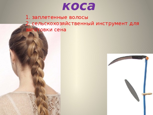 коса 1. заплетенные волосы 2. сельскохозяйственный инструмент для заготовки сена 