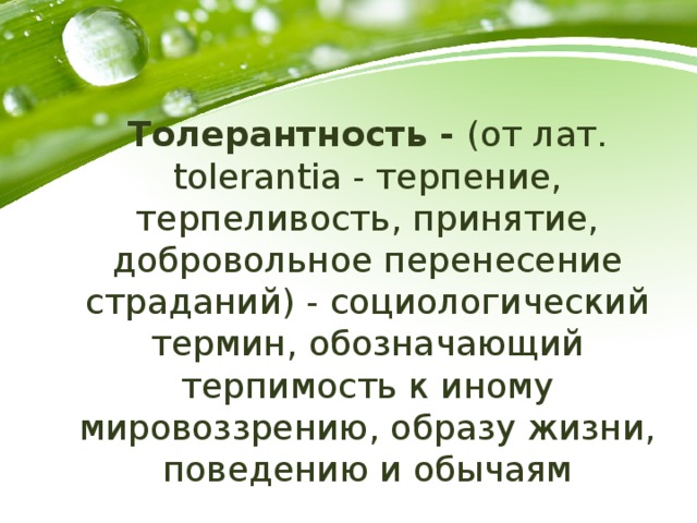 Толерантность - (от лат. tolerantia - терпение, терпеливость, принятие, добровольное перенесение страданий) - социологический термин, обозначающий терпимость к иному мировоззрению, образу жизни, поведению и обычаям 