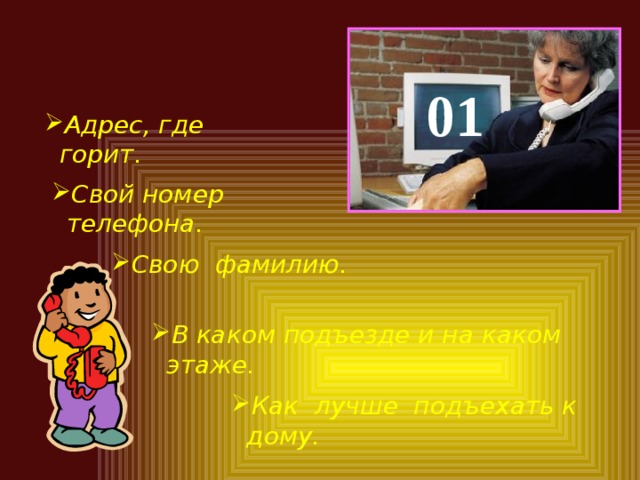  01 Адрес, где горит. Свой номер телефона. Свою фамилию. В каком подъезде и на каком этаже. Как лучше подъехать к дому. 