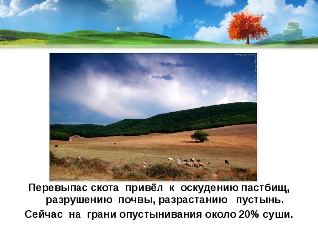     Перевыпас скота привёл к оскудению пастбищ, разрушению почвы, разрастанию пустынь. Сейчас на грани опустынивания около 20% суши. 