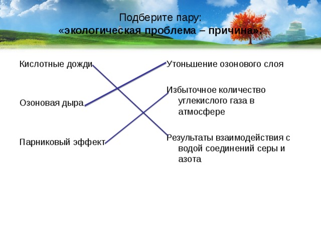 Подберите пару:  « экологическая проблема – причина»:    Кислотные дожди     Озоновая дыра     Парниковый эффект Утоньшение озонового слоя Избыточное количество углекислого газа в атмосфере Результаты взаимодействия с водой соединений серы и азота 