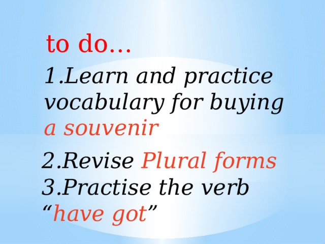 to do… 1.Learn and practice vocabulary for buying a souvenir  2.Revise Plural forms   3.Practise the verb “ have got ” 