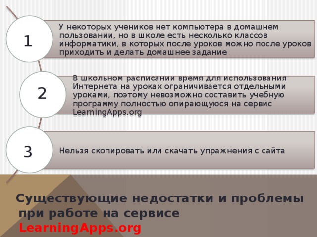 У некоторых учеников нет компьютера в домашнем пользовании, но в школе есть несколько классов информатики, в которых после уроков можно после уроков приходить и делать домашнее задание 1 В школьном расписании время для использования Интернета на уроках ограничивается отдельными уроками, поэтому невозможно составить учебную программу полностью опирающуюся на сервис LearningApps.org 2 Нельзя скопировать или скачать упражнения с сайта 3 Существующие недостатки и проблемы  при работе на сервисе   LearningАpps.org 