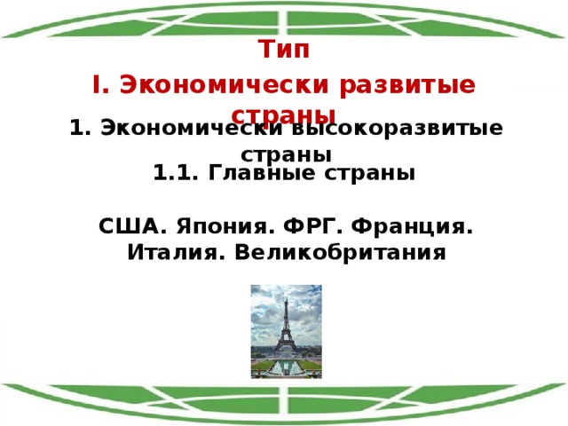 Тип I. Экономически развитые страны 1. Экономически высокоразвитые страны 1.1. Главные страны США. Япония. ФРГ. Франция. Италия. Великобритания 