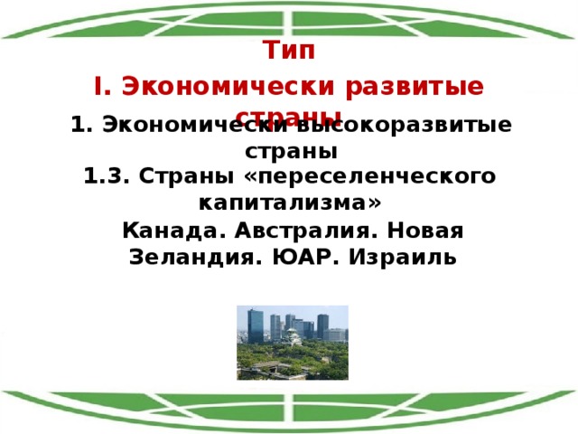 Тип I. Экономически развитые страны 1. Экономически высокоразвитые страны 1.3. Страны «переселенческого капитализма» Канада. Австралия. Новая Зеландия. ЮАР. Израиль 