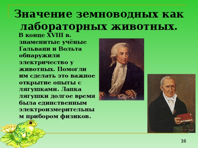 Значение земноводных как лабораторных животных.  В конце XVІІІ в. знаменитые учёные Гальвани и Вольта обнаружили электричество у животных. Помогли им сделать это важное открытие опыты с лягушками. Лапка лягушки долгое время была единственным электроизмерительным прибором физиков.  