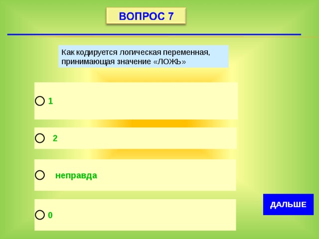 Как кодируется логическая переменная принимающая значение ложь