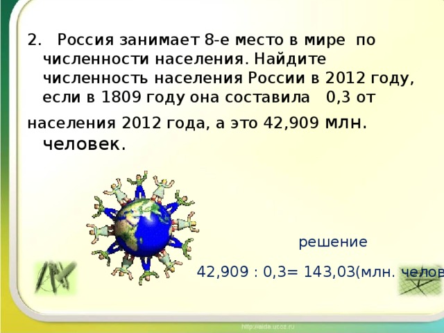 2. Россия занимает 8-е место в мире по численности населения. Найдите численность населения России в 2012 году, если в 1809 году она составила 0,3 от населения 2012 года, а это 42,909 млн. человек. решение 42,909 : 0,3= 143,03(млн. человек) 