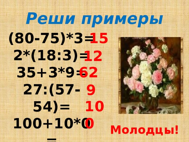 Реши примеры (80-75)*3= 15 2*(18:3)= 35+3*9= 27:(57-54)= 100+10*0= 12 62 9 100 Молодцы! 