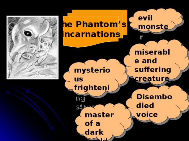 evil monster The Phantom’s incarnations miserable and suffering creature  mysterious frightening stranger  Disembodied voice master of a dark world