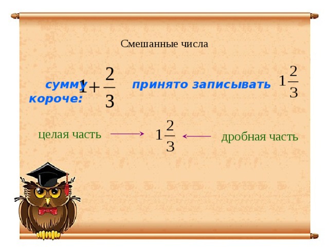 Смешанные числа сумму  принято записывать короче:    целая часть дробная часть