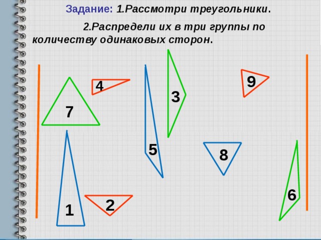 Задание:  1.Рассмотри треугольники .  2.Распредели их в три группы по количеству одинаковых сторон . 9 4 3 7 5 8 6 2 1 