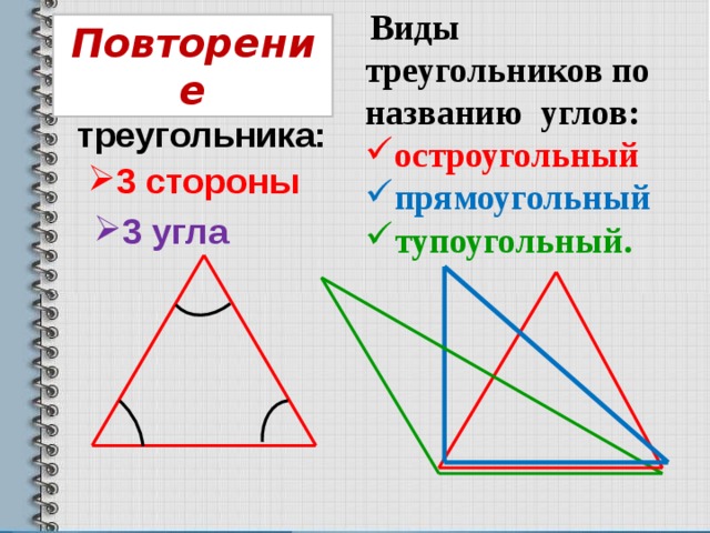  Виды треугольников по названию углов: остроугольный  прямоугольный тупоугольный. Повторение Признаки треугольника: 3 стороны 3 угла 