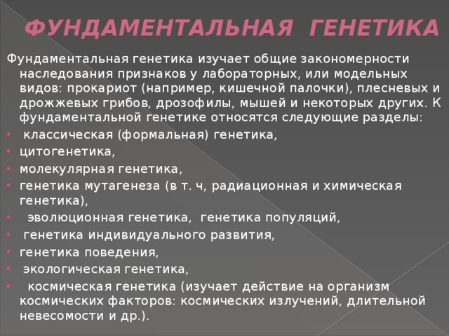 ФУНДАМЕНТАЛЬНАЯ ГЕНЕТИКА Фундаментальная генетика изучает общие закономерности наследования признаков у лабораторных, или модельных видов: прокариот (например, кишечной палочки), плесневых и дрожжевых грибов, дрозофилы, мышей и некоторых других. К фундаментальной генетике относятся следующие разделы:  классическая (формальная) генетика, цитогенетика, молекулярная генетика, генетика мутагенеза (в т. ч, радиационная и химическая генетика),  эволюционная генетика, генетика популяций,  генетика индивидуального развития, генетика поведения,  экологическая генетика,  космическая генетика (изучает действие на организм космических факторов: космических излучений, длительной невесомости и др.). 