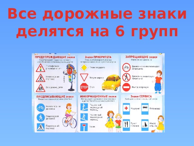 Все дорожные знаки делятся на 6 групп 