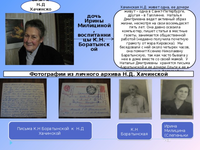 Визит к Н.Д Хачинской Хачинская Н.Д живет одна, ее дочери живут – одна в Санкт-Петербурге, другая – в Таллинне. Наталья Дмитриевна ведет активный образ жизни, несмотря на свои восемьдесят пять лет. Она давно освоила компьютер, пишет статьи в местные газеты, занимается общественной работой (недавно получила почетную грамоту от мэра Кировска). Мы беседовали с ней около четырех часов, она помнит Ксению Николаевну Баратынскую, так как часто бывала у нее в доме вместе со своей мамой. У Натальи Дмитриевны хранятся письма Баратынской и ее дочери Ольги к ее к маме и уникальные фотографии дочь Ирины Милициной , воспитанницы К.Н. Боратынской Фотографии из личного архива Н.Д. Хачинской Письма К.Н Боратынской к Н.Д Хачинской Ирина Милицина (Слепенькина) К.Н Боратынская 
