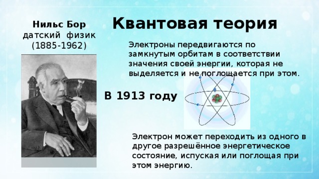 Квантовая теория Нильс Бор датский физик (1885-1962) Электроны передвигаются по замкнутым орбитам в соответствии значения своей энергии, которая не выделяется и не поглощается при этом. В 1913 году Электрон может переходить из одного в другое разрешённое энергетическое состояние, испуская или поглощая при этом энергию. 