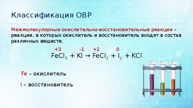 Классификация ОВР Межмолекулярные окислительно-восстановительные реакции – реакции, в которых окислитель и восстановитель входят в состав различных веществ. +3 +2 -1 0 FeCl 3 + KI → FeCl 2 + I 2 + KCl Fe – окислитель I – восстановитель 