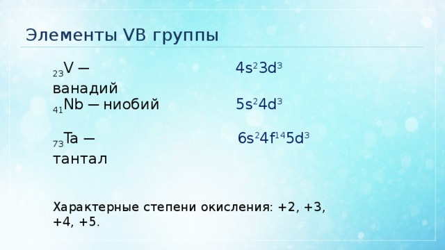 Элементы VB группы 4s 2 3d 3 23 V ─ ванадий 5s 2 4d 3 41 Nb ─ ниобий 6s 2 4f 14 5d 3 73 Ta ─ тантал Характерные степени окисления: +2, +3, +4, +5. 