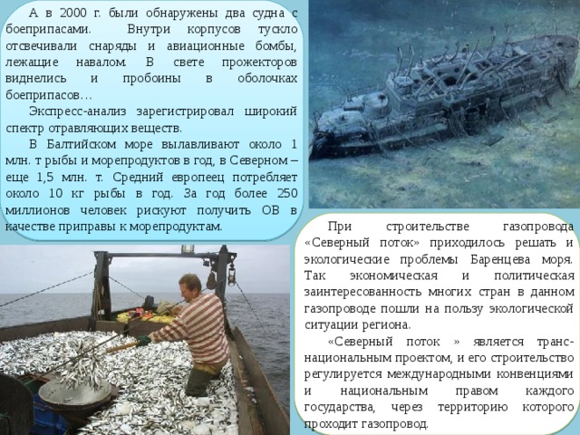 А в 2000 г. были обнаружены два судна с боеприпасами. Внутри корпусов тускло отсвечивали снаряды и авиационные бомбы, лежащие навалом. В свете прожекторов виднелись и пробоины в оболочках боеприпасов… Экспресс-анализ зарегистрировал широкий спектр отравляющих веществ.  В Балтийском море вылавливают около 1 млн. т рыбы и морепродуктов в год, в Северном – еще 1,5 млн. т. Средний европеец потребляет около 10 кг рыбы в год. За год более 250 миллионов человек рискуют получить ОВ в качестве приправы к морепродуктам. При строительстве газопровода «Северный поток» приходилось решать и экологические проблемы Баренцева моря. Так экономическая и политическая заинтересованность многих стран в данном газопроводе пошли на пользу экологической ситуации региона.  «Северный поток » является транс-национальным проектом, и его строительство регулируется международными конвенциями и национальным правом каждого государства, через территорию которого проходит газопровод. 