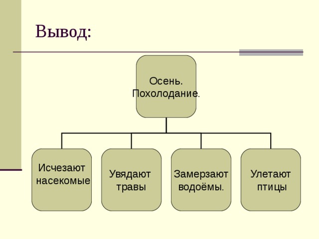 Вывод: Осень. Похолодание Исчезают  насекомые Увядают травы Замерзают водоёмы Улетают  птицы 