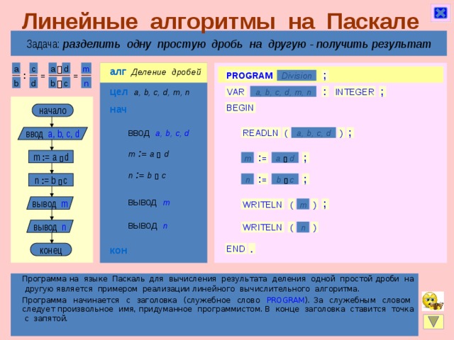 Линейные алгоритмы на Паскале Задача: разделить одну простую дробь на другую  - получить результат d a m c a алг   Деление дробей  = ; Division PROGRAM = : b n c b d  цел  a, b, c, d, m, n ; VAR : a, b, c, d, m, n INTEGER нач BEGIN начало ввод  a, b, c, d a, b, c, d ; ) ( ввод a, b, c, d READLN m  : =  a   d m : = a   d a  d m : = ; n  : =  b   c : = n n : = b   c ; b  c вывод  m вывод m ( ) m WRITELN ; вывод  n вывод n ) WRITELN ( n кон . END конец Программа на языке Паскаль  для вычисления результата деления одной простой дроби на другую является примером реализации линейного вычислительного алгоритма. Программа начинается с заголовка (служебное слово PROGRAM ). За служебным словом следует произвольное имя, придуманное программистом. В конце заголовка ставится точка с запятой.  