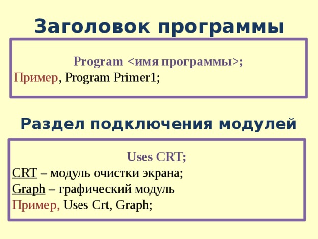 Заголовок программы Program ; Пример , Program Primer1; Раздел подключения модулей Uses CRT; CRT – модуль очистки экрана; Graph – графический модуль Пример, Uses Crt, Graph; 