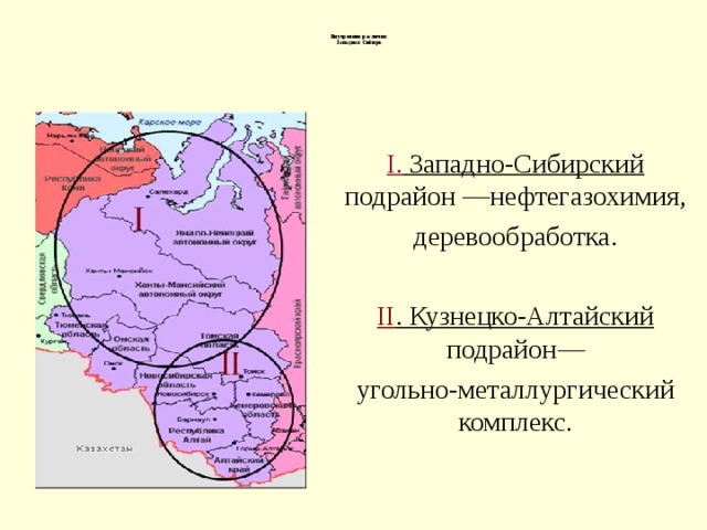 Внутренние различия Западная Сибирь I. Западно-Сибирский подрайон — нефтегазохимия, деревообработка. II . Кузнецко-Алтайский подрайон — угольно-металлургический комплекс. 