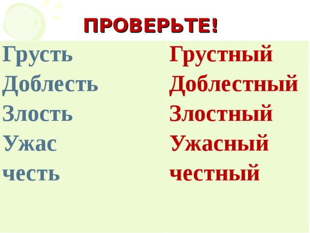 ПРОВЕРЬТЕ! Грусть Доблесть Злость Ужас честь Грустный Доблестный Злостный Ужасный честный