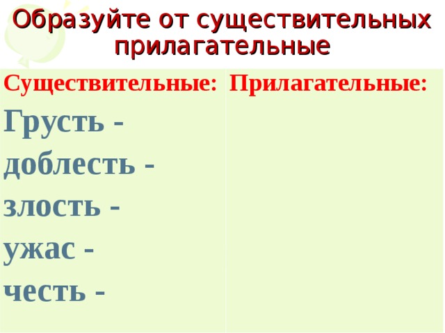 Образуйте существительные от данных существительных. Прилагательные от существительных. От существительных образовать прилагательные. Образуй прилагательные от существительных. Образуй существительные от прилагательных.