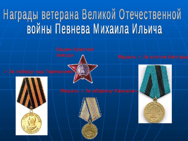 Орден Красной звезды Медаль « За взятие Белграда»  « За победу над Германией»  Медаль « За оборону Кавказа»  