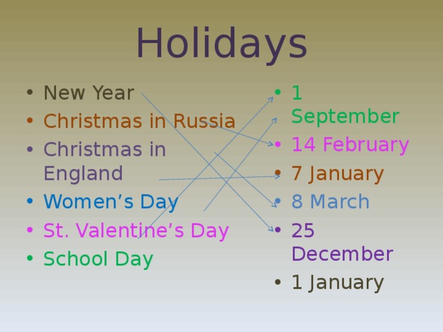 Holidays 1 September New Year Christmas in Russia 14 February Christmas in England 7 January 8 March Women’s Day 25 December St. Valentine’s Day 1 January School Day 
