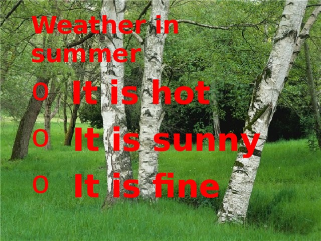 Weather in summer It is hot  It is hot  It is sunny  It is fine  It is hot  It is sunny  It is fine 
