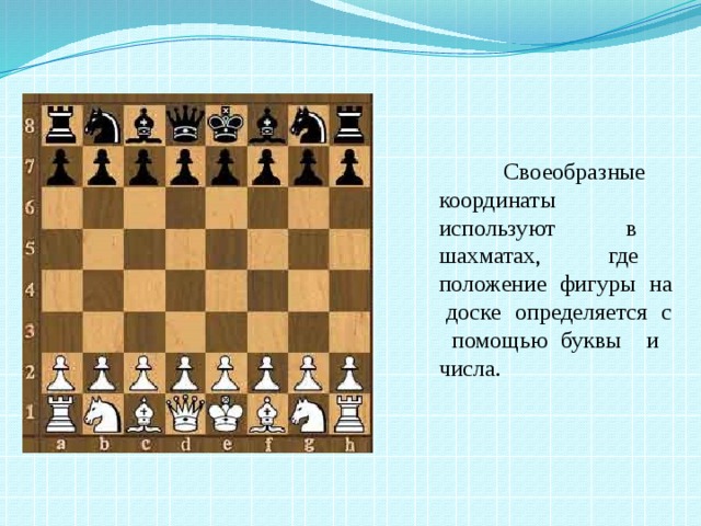 Своеобразные координаты используют в шахматах, где положение фигуры на доске определяется с помощью буквы и числа.
