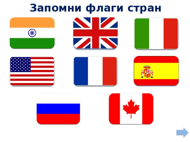 Запомни флаги стран Britain Italy India Spain France the USA Russia Canada 