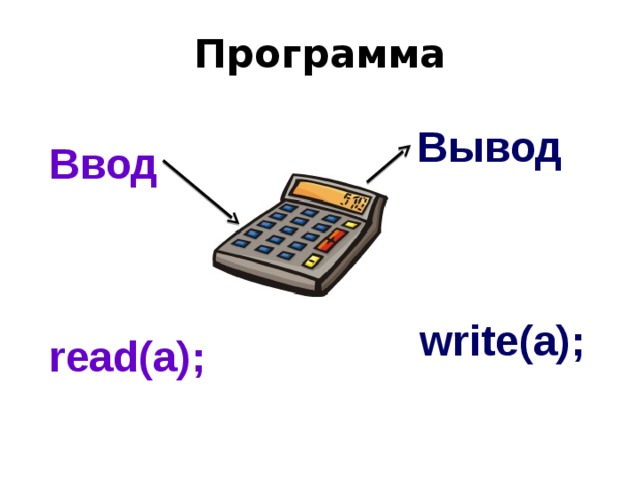 Программа Вывод Ввод write(a); read(a); 