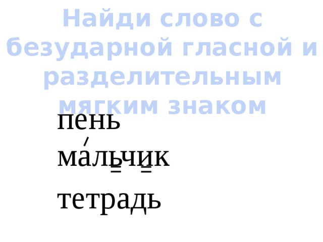 Найди слово с безударной гласной и разделительным мягким знаком пень мальчик тетрадь 