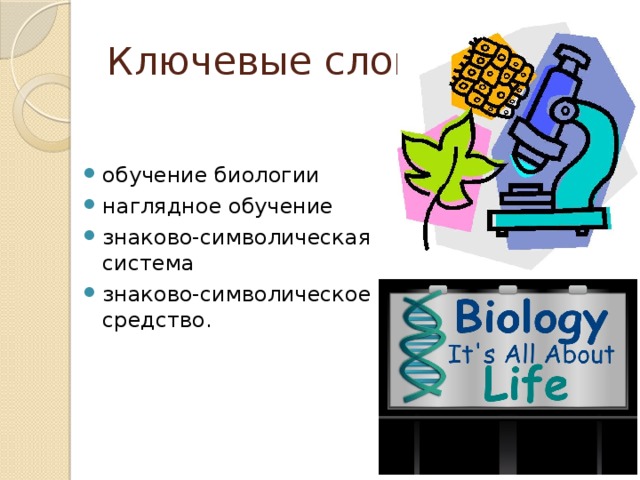 Ключевые слова: обучение биологии наглядное обучение знаково-символическая система знаково-символическое средство. 
