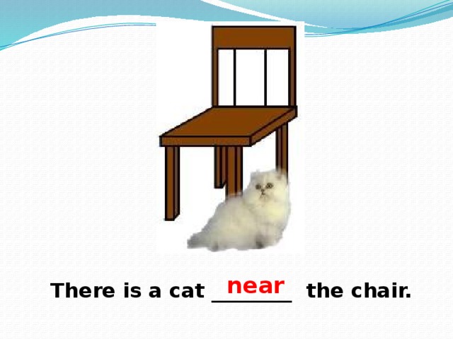 near There is a cat ________ the chair. 
