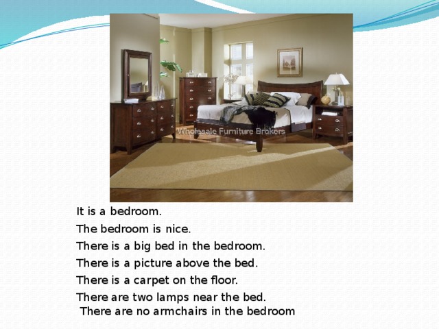  It is a bedroom.    The bedroom is nice. There is a big bed in the bedroom. There is a picture above the bed. There is a carpet on the floor. There are two lamps near the bed. There are no armchairs in the bedroom 