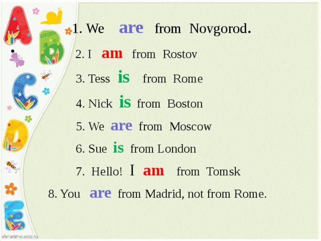 I from is. We are from Novgorod. Tess from Rome. Завершите предложения am или are, is. Заверши предложения нужной формой глагола am is are прочитай их вслух.